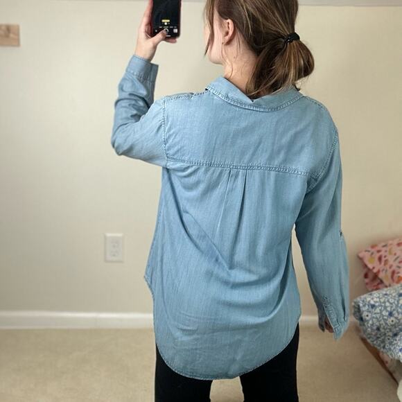 Liverpool Blue Chambray Long Sleeve Collared Blouse - Picture 3 of 9